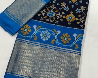 Pure Silk Handloom Ikkat Weaving Saree – Dark Navy Blue with Sky Blue Pallu & Border