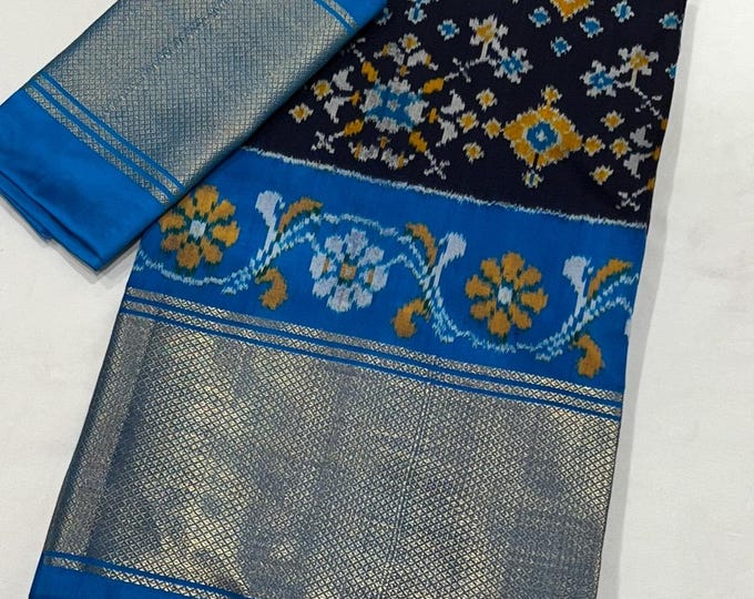 Pure Silk Handloom Ikkat Weaving Saree – Dark Navy Blue with Sky Blue Pallu & Border