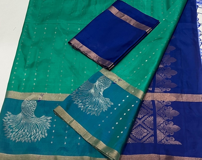 Handloom Kanchipuram Soft Silk Saree With Contrast Unstitched Blouse