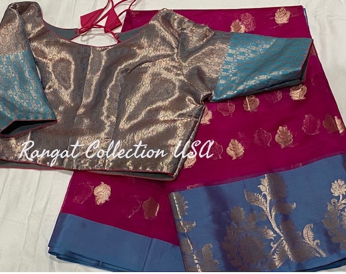 Hot pink Kora Organza  Silk saree with blouse