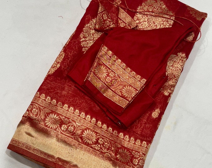 Beautiful Combination  ready to wear one minute pleats stitched Semi Benarus woven silk saree with blouse 34-44 size