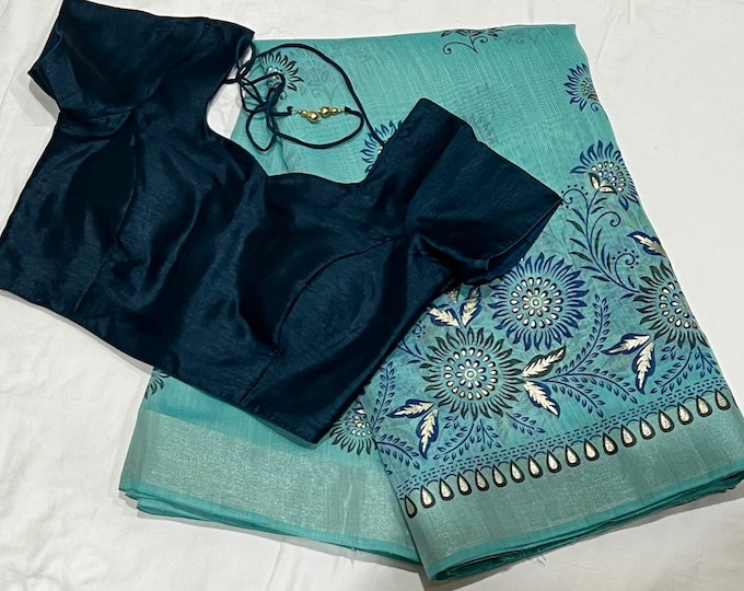 Blue Floral Printed Cotton Saree with Blouse
