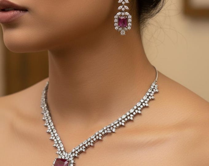 AD Ruby Necklace and Earrings Set