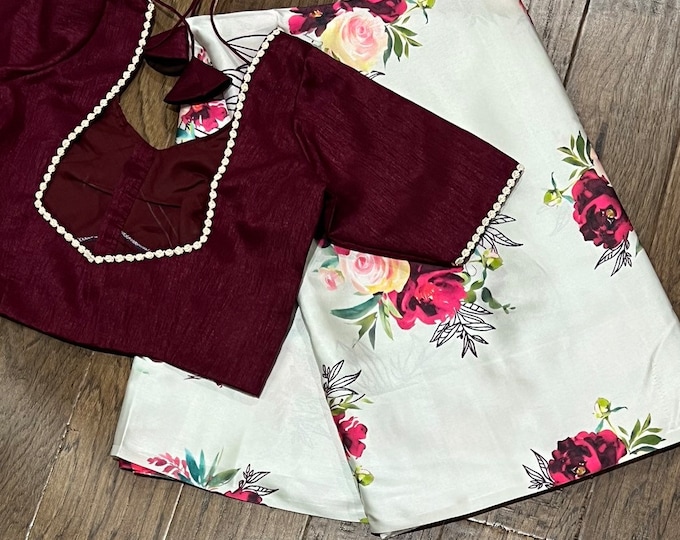 Floral Printed Satin saree with blouse