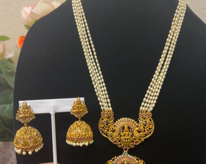 Beautifulq Pearl Beads Layered Mala with Goddess Lakshmi Pendant Crafted with