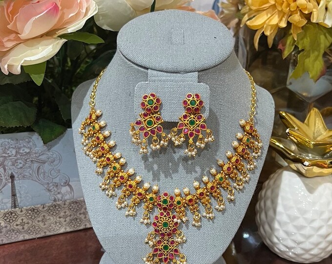 High Quality Guttapusalu Short Necklace With Earrings