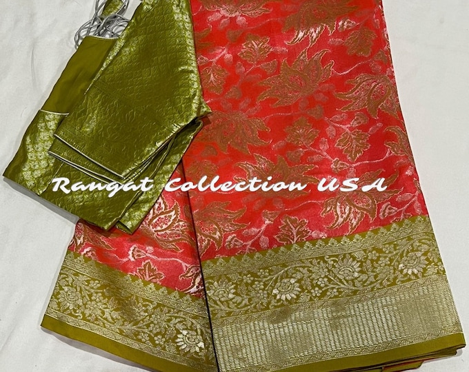 Beautiful Combination handloom Benarus Silk Weaving saree with blouse