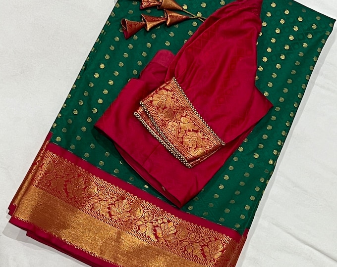 Handloom Green with Pink Thousand butta concept  Kanchi Silk saree with blouse 34-42 size.