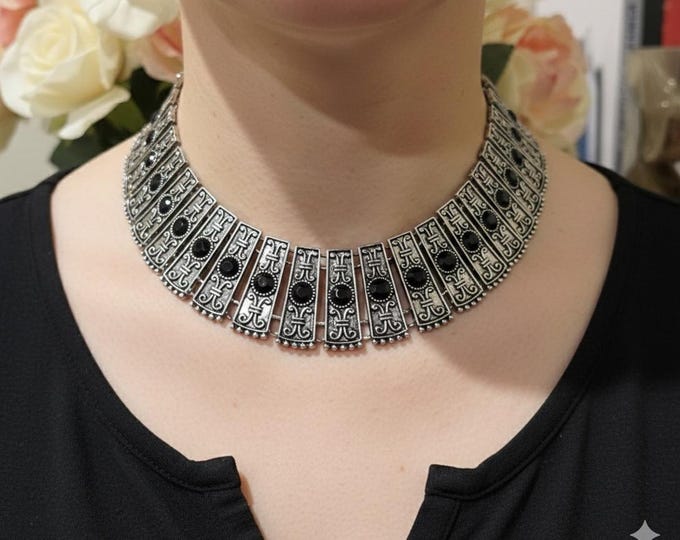 German Silver Black Stone Necklace with Earrings