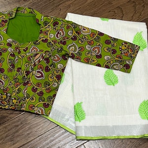 Pure Organic Linen Saree with Kalamkari Blouse