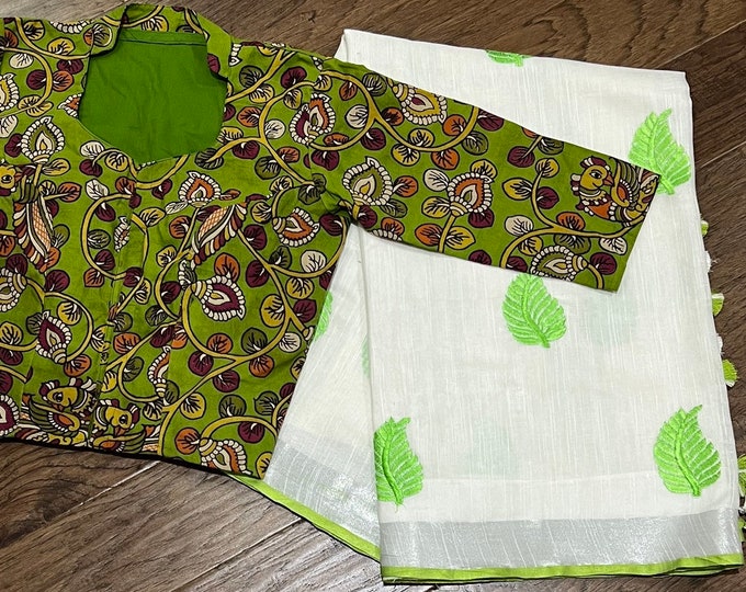 Pure Organic Linen Saree with Kalamkari Blouse