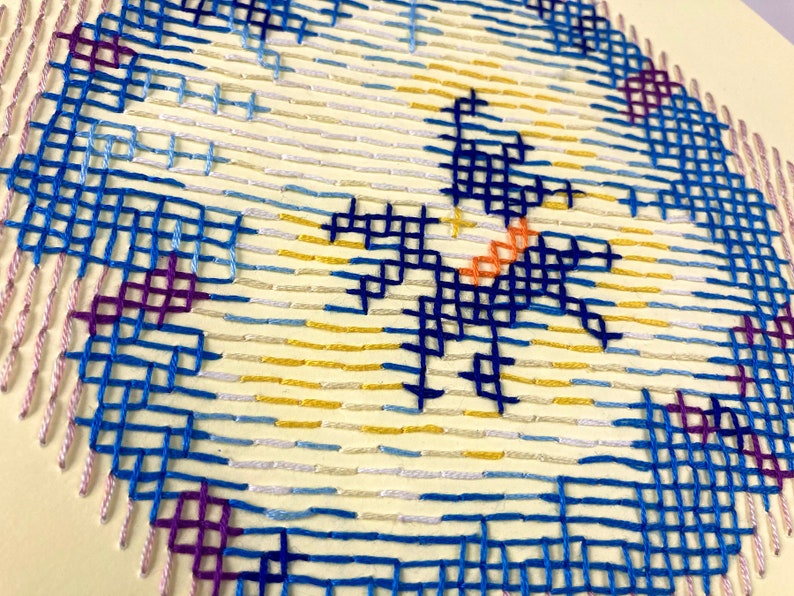 Blue and yellow original hand embroidered pansy unframed