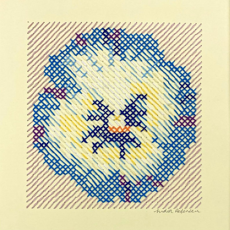 Blue and yellow original hand embroidered pansy unframed