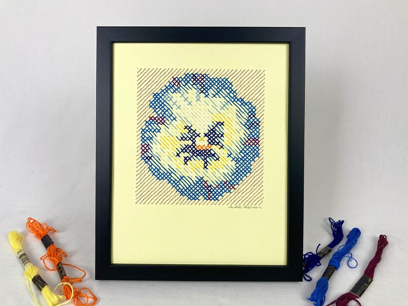 Blue and yellow original hand embroidered pansy unframed