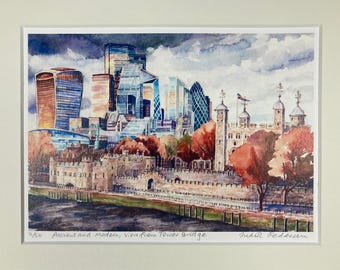 The Tower of London with The City skyscrapers, Tower Bridge view, watercolour, print (unframed)