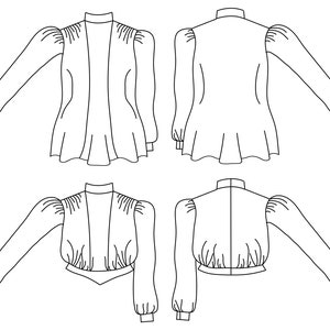 May include: Line drawing illustration of a blouse with a high neck and long sleeves. The blouse is shown in both front and back views, with the front view showing a slightly gathered detail at the waist. The back view shows a more fitted silhouette.