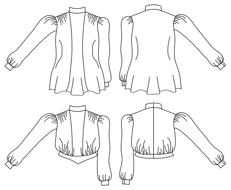 May include: Line drawing illustration of a blouse with a high neck and long sleeves. The blouse is shown in both front and back views, with the front view showing a slightly gathered detail at the waist. The back view shows a more fitted silhouette.