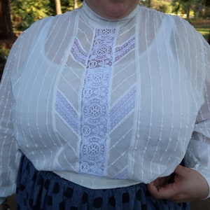 May include: A white sheer blouse with a high neckline and long sleeves. The blouse features a lace panel down the front with a chevron pattern.