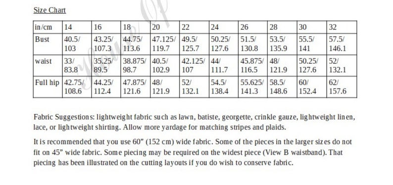 May include: Size chart for a sewing pattern with measurements in inches and centimeters for bust, waist, and full hip. The chart includes sizes 14 through 32.
