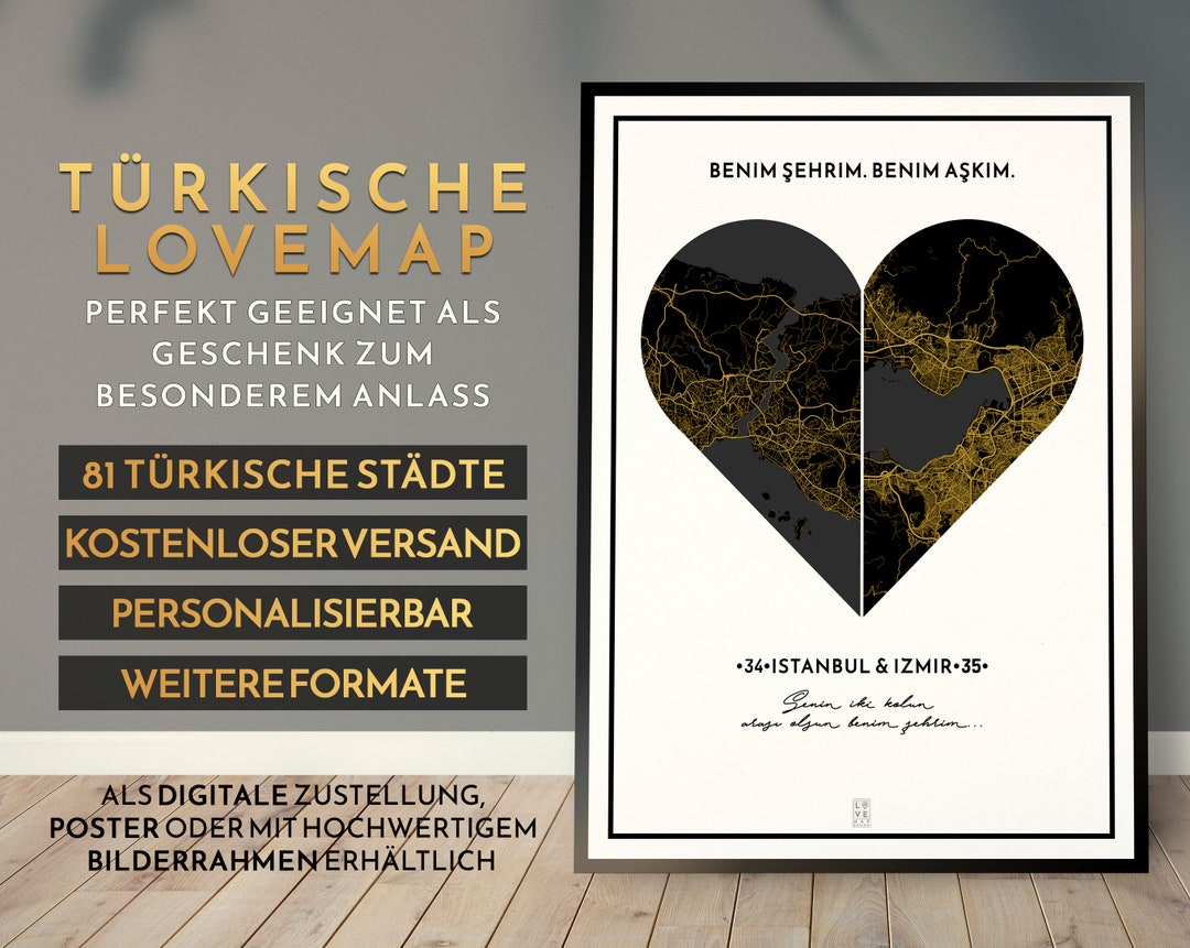 NEU Türkische Lovemap Städte Poster Herz Wandbild Bilderrahmen