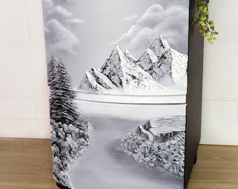 Bob Ross Inspired Painted Cabinet, Hand-Painted Winter Mountain Scene Side Table, Black & White Vintage Accent Stand, Unique Art Nightstand
