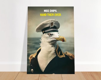 Affiche Capitaine Gull – Mouette en uniforme de la marine, art mural humoristique britannique