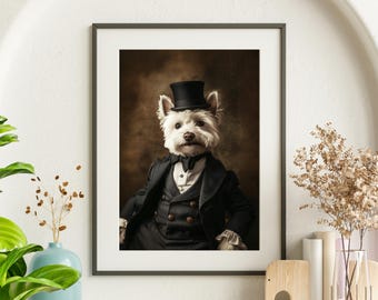 Westie-kunstdruk: Victoriaans hondenportret met hoge hoed