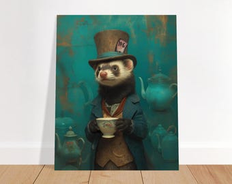 Affiche du Chapelier Fou - Furet, Illustration fantaisiste d'Alice au Pays des Merveilles - Cadeau littéraire unique