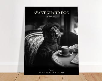 Affiche artistique « Teckel avant-gardiste dans un café parisien » | Style européen vintage (Téléchargement numérique)