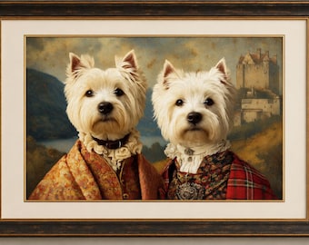 Affiche de chiens Westie, Highland | Illustration de chien en tartan, Décoration murale château