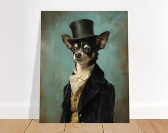 Portrait de chihuahua style Régence, art canin aristocratique, chihuahua gentleman victorien, décoration murale humoristique, cadeau chihuahua