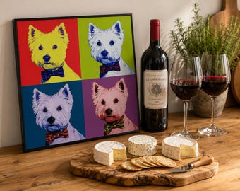Affiche Pop Art Westie | Quatre portraits colorés de terriers (Papier mat)