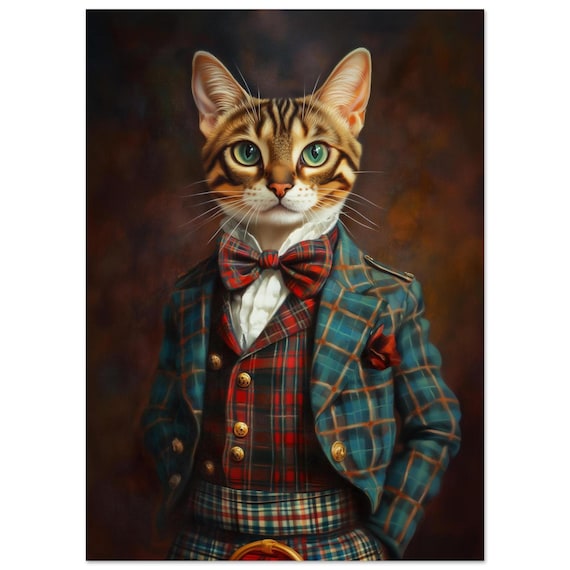 Bengal Cat Art Print: tabby cat in Tartan Suit