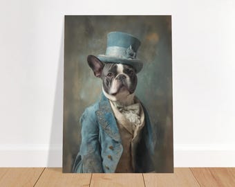 Portrait de bouledogue français style Régence, costume en velours bleu, illustration de chien élégant