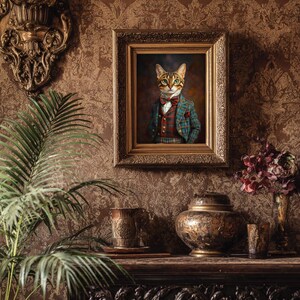 May include: A framed portrait of a cat wearing a plaid blazer, a red patterned vest, and a red bow tie. The cat has green eyes and brown tabby markings. The portrait is enclosed in an ornate gold frame with intricate carved details on the edges.