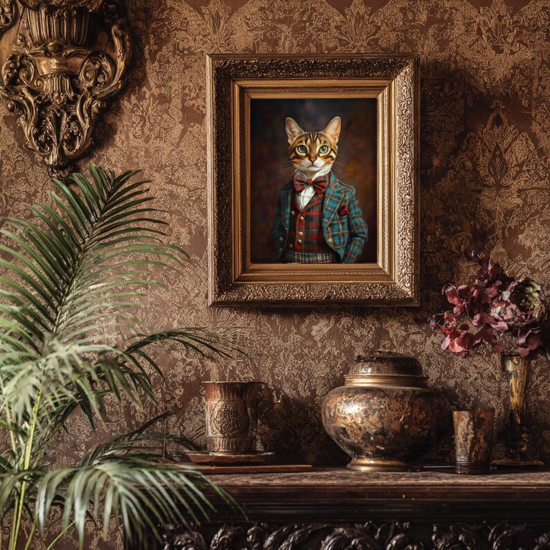 May include: A framed portrait of a cat wearing a plaid blazer, a red patterned vest, and a red bow tie. The cat has green eyes and brown tabby markings. The portrait is enclosed in an ornate gold frame with intricate carved details on the edges.