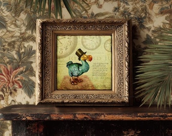 Affiche artistique représentant un dodo, citation d'Alice au pays des merveilles, horloge murale peinte à la main
