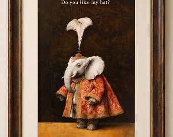 Affiche fantaisiste d'un bébé éléphant | « Aimes-tu mon chapeau ? » Décoration intérieure originale
