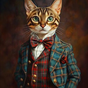 May include: A portrait of a brown tabby cat wearing a formal ensemble consisting of a teal and red plaid jacket, a matching plaid vest with gold buttons, a white ruffled shirt, a plaid bow tie, and a plaid kilt with a gold buckle detail.
