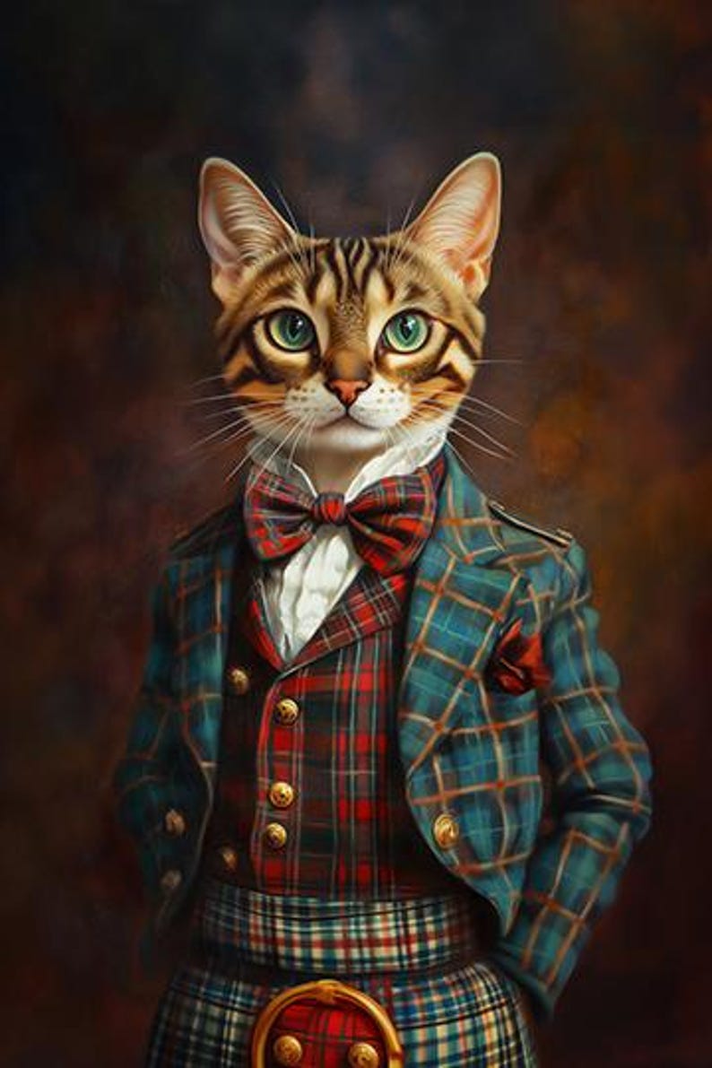 May include: A portrait of a brown tabby cat wearing a formal ensemble consisting of a teal and red plaid jacket, a matching plaid vest with gold buttons, a white ruffled shirt, a plaid bow tie, and a plaid kilt with a gold buckle detail.