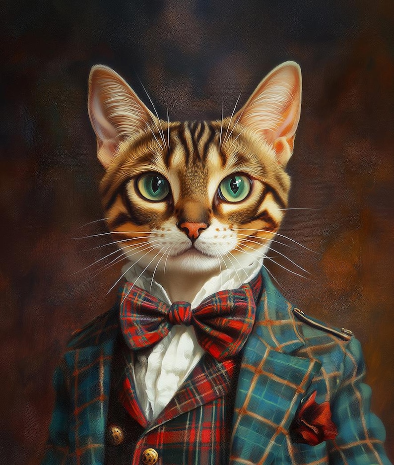 Bengal cat dressed in Tartan