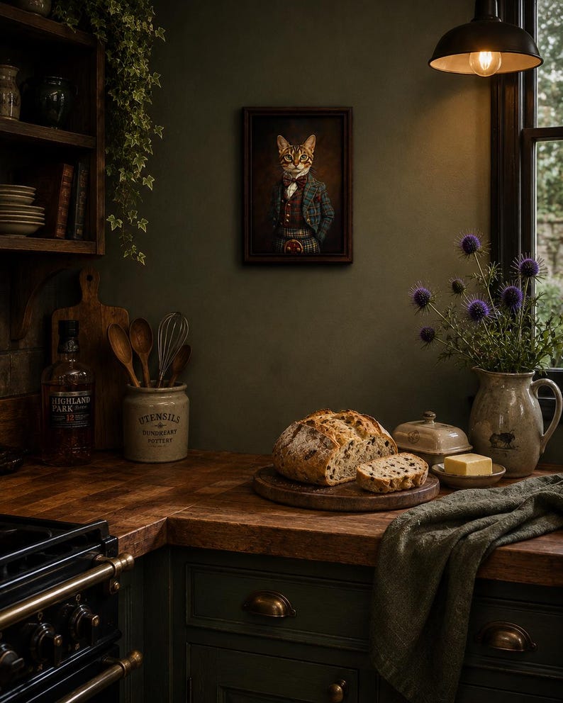 Framed portrait of Bengal cat dressed in Tartan