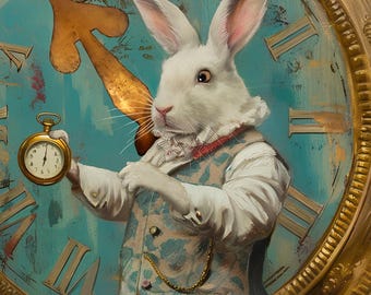 White Rabbit Alice in Wonderland Art Print – Vintage Clock Fantasy Decor