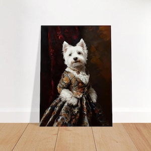 以下が含まれることがあります： 赤いと金の背景の前に立っている、レースの襟と真珠のネックレスをつけた、金と青のドレスを着た白い犬