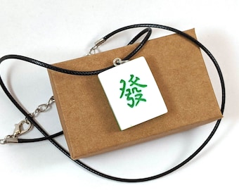 Fun Mahjong Red Green Dragon Bamboo Bird Character Necklace