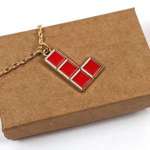 Trendy Tetris Tetrimino Tetracube Red Gamer Puzzle Enamel Charm Necklace