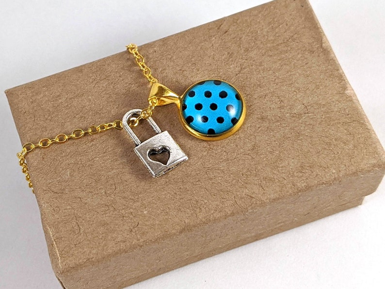 Trendy Vintage Blue with Black Polkadots Bezel Set Glass Charm Necklace