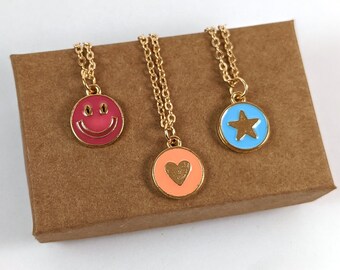Cute Smiley, Heart, and Star Enamel Charm Necklaces