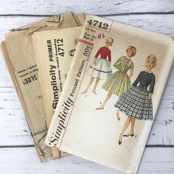 Simplicity 4712 - Size 14s, Bust 33 Cut, Complete - 1960's Vintage Pattern - Teen Dress with Kimono Sleeves - Historybounding - 60's Fashion