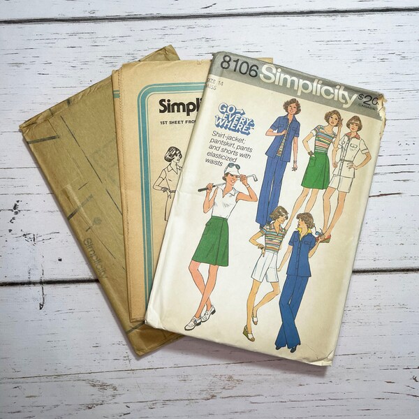 Simplicity 8106 - Size 14 Bust 36 - Factory Folded 1970's Vintage Sewing Pattern - Misses Shirt, Jacket, Pants, Shorts - Retro